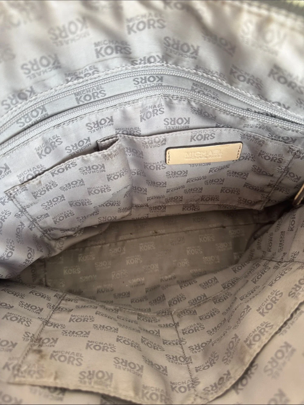 Michael Kors Metallic Bronze MK Tote with Tan Straps and Charm